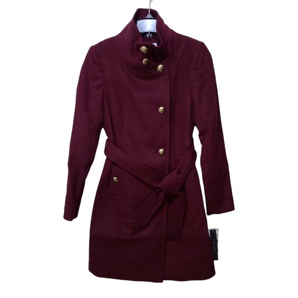 NWT T Tahari Izzy Asymmetrical Trench Coat Wool Blend Mock Neck Burgundy Sz 2 - Picture 1 of 11